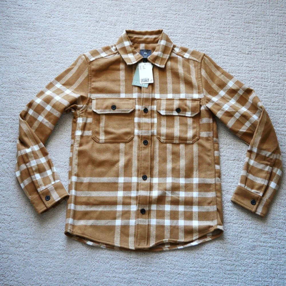HM Mens Regular Fit Plaid Shirt Jacket Camel Brown White XS 0875217